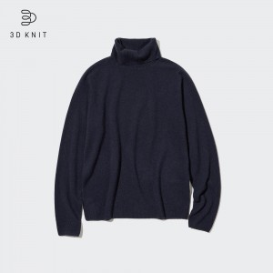 Uniqlo 100pct Cashmere 3d Knit Seamless Turtleneck Jumper Jumpers Dam Marinblå | PKBSQ-3189