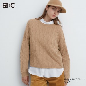 Uniqlo 100pct Cashmere Cable Knit Crew Neck Cropped Jumper Jumpers Dam Beige | ARTJQ-8416