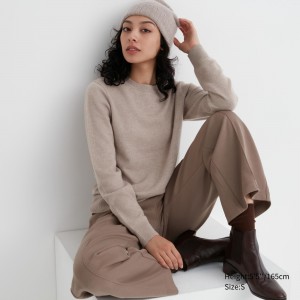 Uniqlo 100pct Cashmere Crew Neck Jumper Jumpers Dam Beige | GWKZA-4256