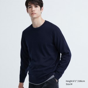 Uniqlo 100pct Cashmere Crew Neck Jumper Jumpers Herr Marinblå | OEWPQ-7583