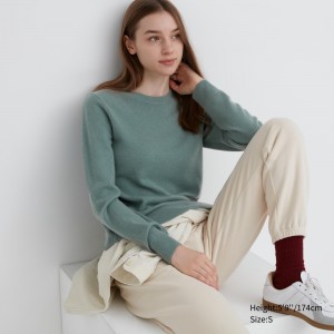 Uniqlo 100pct Cashmere Crew Neck Jumper Jumpers Dam Gröna | DJQTX-7152