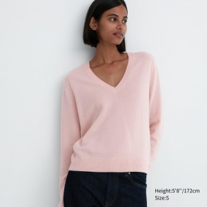 Uniqlo 100pct Cashmere V Neck Jumper Jumpers Dam Rosa | AQNWM-9240