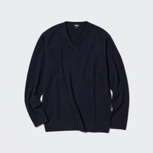 Uniqlo 100pct Cashmere V Neck Jumper Jumpers Herr Marinblå | PGNUB-6340