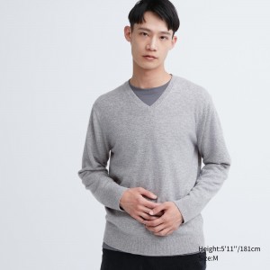 Uniqlo 100pct Cashmere V Neck Jumper Jumpers Herr Grå | RTEAN-4519