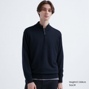 Uniqlo 100pct Extra Fine Merino Half Zipped Jumper Jumpers Herr Marinblå | VQXUD-3978