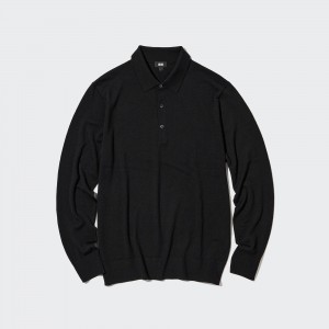 Uniqlo 100pct Extra Fine Merino Knit Long Sleeved Polo Shirt Polotröja Herr Svarta | RXZSB-4352