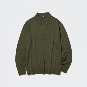 Uniqlo 100pct Extra Fine Merino Knitted Long Sleeved Polo Shirt Polotröja Herr Olivgröna | UIKCX-5876