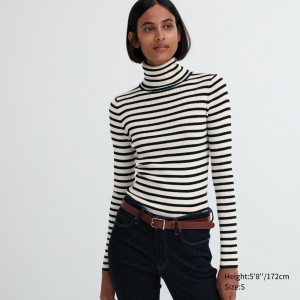 Uniqlo 100pct Extra Fine Merino Ribbed Striped Turtleneck Jumper Jumpers Dam Vita | XUIKR-2739