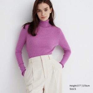 Uniqlo 100pct Extra Fine Merino Ribbed Turtleneck Jumper Jumpers Dam Lila | APMOT-4235