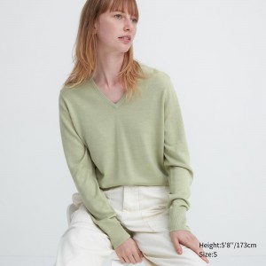 Uniqlo 100pct Extra Fine Merino V Neck Jumper Jumpers Dam Gröna | WLNGJ-4695