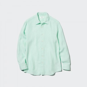 Uniqlo 100pct Premium Linen Regular FiT-Shirt Regular Collar Skjorta Herr Ljusgröna | ORPFX-1495