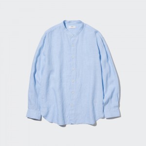 Uniqlo 100pct Premium Linen Regular FiT-Shirt Grandad Collar Skjorta Herr Blå | QIGWZ-2096