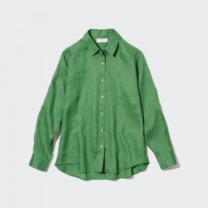 Uniqlo 100pct Premium Linen Shirt Blus Dam Gröna | NBZCF-3596
