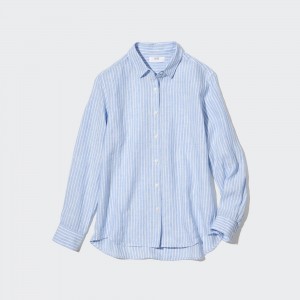 Uniqlo 100pct Premium Linen Striped Long Sleeved Shirt Blus Dam Ljusblå | BLZFQ-5698