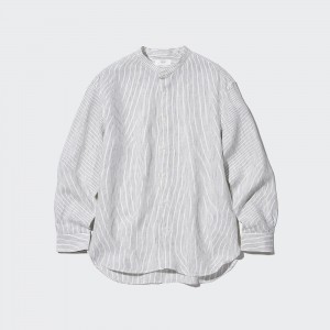 Uniqlo 100pct Premium Linen Striped Regular FiT-Shirt Grandad Collar Skjorta Herr Blå | DYQKG-4318