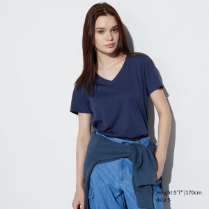Uniqlo 100pct Supima Cotton V Neck Short Sleeved T-Shirt T-shirt Dam Blå | EAWNX-5324
