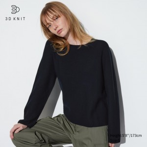 Uniqlo 3d Knit Seamless Cotton Crew Neck Jumper Jumpers Dam Svarta | UNJMG-7352