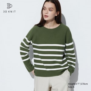 Uniqlo 3d Knit Seamless Cotton Striped Crew Neck Jumper Jumpers Dam Olivgröna | ELCUM-9486