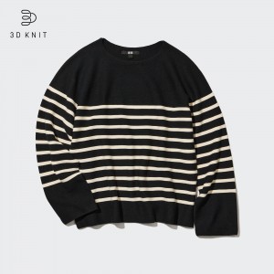 Uniqlo 3d Knit Seamless Cotton Striped Crew Neck Jumper Jumpers Dam Svarta | XQWEK-4975
