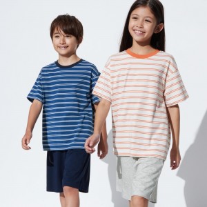 Uniqlo Airism Cotton Blend Striped Lounge Set Loungewear Barn Marinblå | MRYTV-7291