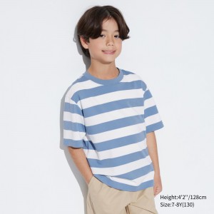 Uniqlo Airism Cotton Striped Crew Neck Short Sleeved T-Shirt T-shirt Barn Blå | RJMSG-3501