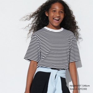 Uniqlo Airism Cotton Striped Crew Neck T-Shirt T-shirt Barn Svarta | HQJYV-7028