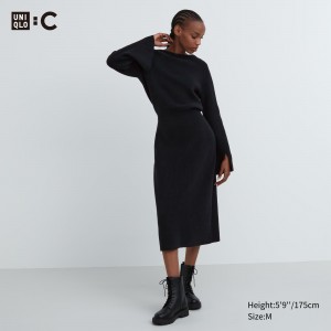 Uniqlo Boat Neck Long Sleeved Knitted Dress Klänning Dam Svarta | JKSQR-0983