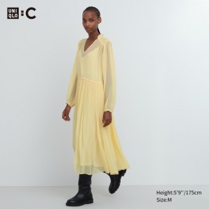 Uniqlo Chiffon Pleated Long Sleeved Dress Klänning Dam Gula | QFWYR-0497