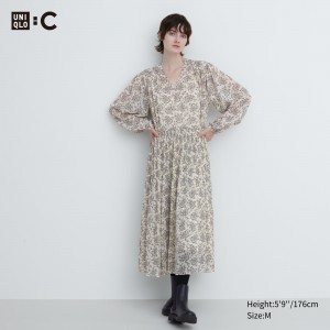 Uniqlo Chiffon Pleated Printed Long Sleeved Dress Klänning Dam Vita | JETUC-3826