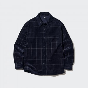 Uniqlo Corduroy Oversized Checked Shirt Övertröja Herr Marinblå | NTEHX-7209