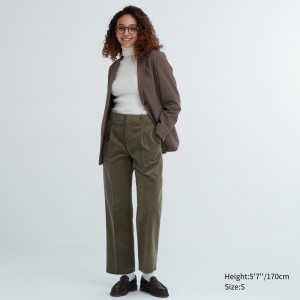 Uniqlo Corduroy Pleated Wide Leg Trousers Blast Dam Olivgröna | QGKLY-3197