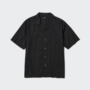 Uniqlo Cotton Blend Casual Short Sleeved Shirt Open Collar Skjorta Herr Svarta | GMCAE-7903