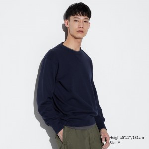 Uniqlo Cotton Crew Neck Sweatshirt Hoodie Herr Marinblå | HEXAO-9408