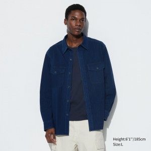 Uniqlo Denim Jersey Overshirt Jackor Herr Blå | CWTHP-1903