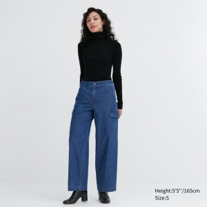 Uniqlo Denim Wide Leg Cargo Trousers Jeans Dam Blå | OUWXM-8451