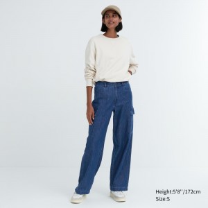Uniqlo Denim Wide Straight Leg Cargo Trousers Long Jeans Dam Blå | FSMNR-5204