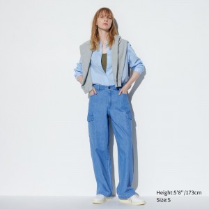 Uniqlo Denim Wide Straight Leg Cargo Trousers Long Blast Dam Blå | FYCBH-9871