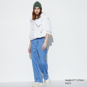 Uniqlo Denim Wide Straight Leg Cargo Trousers Jeans Dam Blå | HWYFI-6037