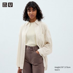 Uniqlo Drape Striped Long Sleeved Shirt Blus Dam Beige | NKCLW-5306