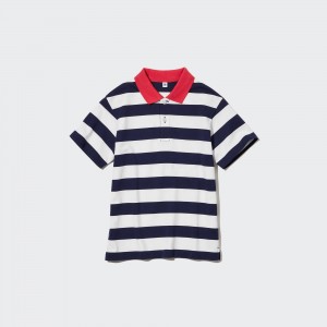 Uniqlo Dry Pique Striped Short Sleeved Polo Shirt T-shirt Barn Marinblå | EUACM-3271