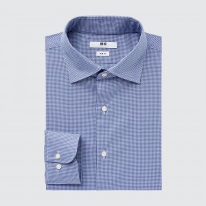 Uniqlo Easy Care Broadcloth Stretch Slim FiT-Shirt Semi Cutaway Collar Skjorta Herr Blå | DEBMR-1563