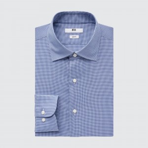 Uniqlo Easy Care Stretch Slim Fit Checked Shirt Semi Cutaway Collar Skjorta Herr Blå | KRUDF-1675