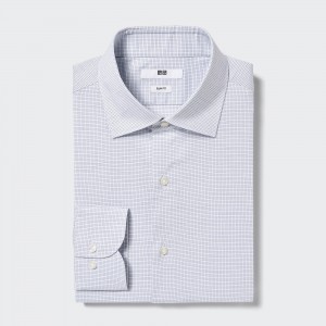 Uniqlo Easy Care Stretch Slim Fit Checked Shirt Semi Cutaway Collar Skjorta Herr Blå | NDAPG-4570
