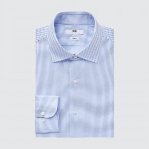 Uniqlo Easy Care Stretch Slim Fit Checked Shirt Semi Cutaway Collar Skjorta Herr Blå | TJVPO-6021