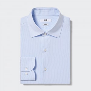 Uniqlo Easy Care Stretch Slim Fit Striped Shirt Semi Cutaway Collar Skjorta Herr Blå | HDIUG-6973