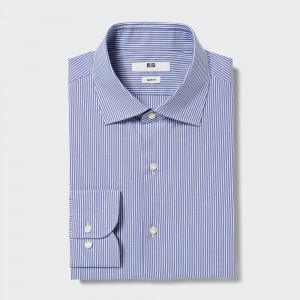 Uniqlo Easy Care Stretch Slim Fit Striped Shirt Semi Cutaway Collar Skjorta Herr Blå | TUDAV-7018