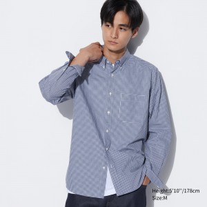Uniqlo Extra Fine Bomull Broadcloth Regular Fit Checked Shirt Button Down Collar Skjorta Herr Blå | ACBHF-6451