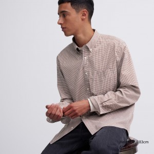 Uniqlo Extra Fine Bomull Broadcloth Regular Fit Checked Shirt Button Down Collar Skjorta Herr Bruna | LJDHR-0192