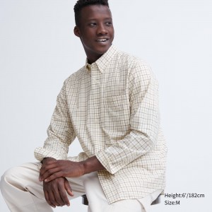 Uniqlo Extra Fine Bomull Broadcloth Regular Fit Checked Shirt Button Down Collar Skjorta Herr Vita | LMPDN-1950