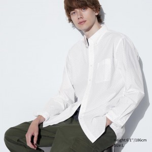 Uniqlo Extra Fine Cotton Broadcloth Printed Shirt Button Down Collar Skjorta Herr Vita | HUJIG-8275
